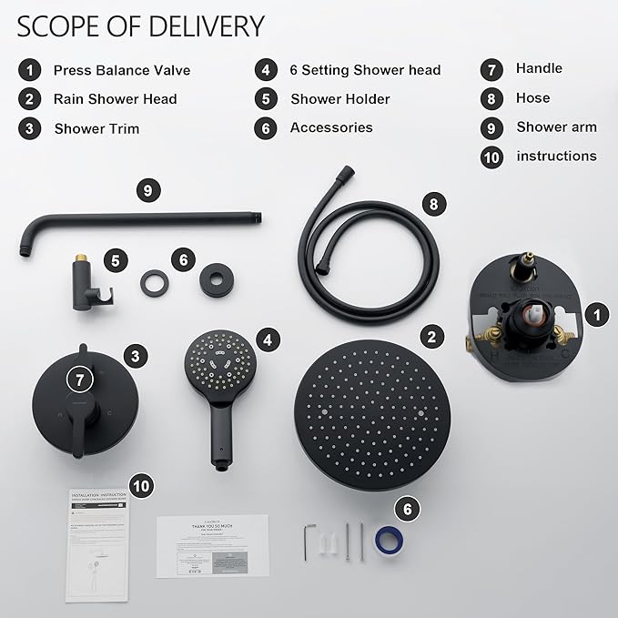Matte Black Shower Faucet Set, Wall Mount Rain Shower System 10 Inches Shower Head and Shower Handheld, Included Pressure Balance Valve and Trim Kit