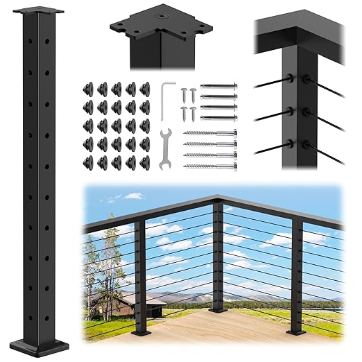 35" Stainless Steel Corner Cable Railing Post, Black Top Mount Corner Line Post with Grommets for Deck Railing Systems, Indoor & Outdoor Use, MY08-C