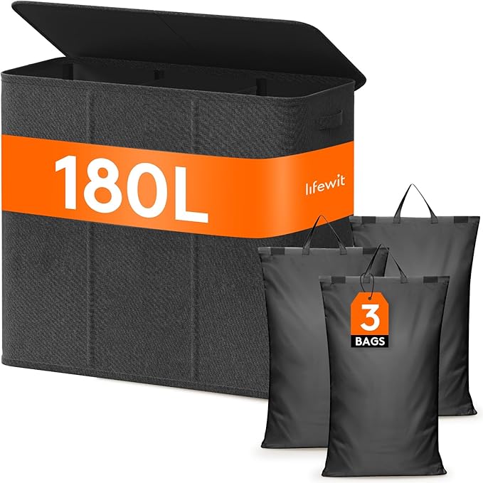 Lifewit Triple Laundry Hamper with Lid and Removable Laundry Bags, Large Collapsible 3 Dividers Dirty Clothes Basket with Handles for Bedroom, Laundry Room, Closet, Bathroom, College, 180L Dark Gray