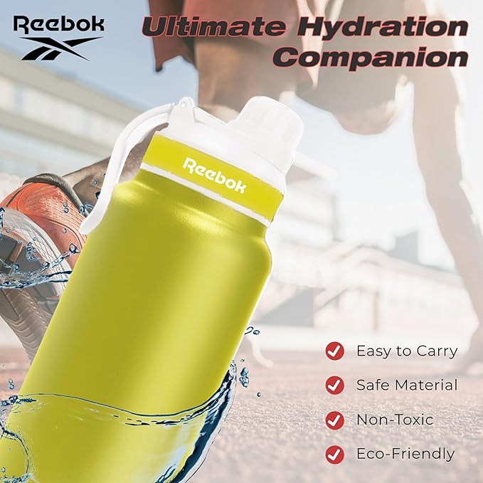 Reebok Athletic Stainless Steel Water Bottle - Insulated Water Bottle 32 oz With Chug Lid - Double Wall Vacuum Insulated Sports Water Bottle, BPA Free