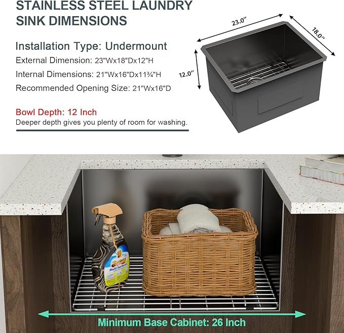 Lordear 23 Black Laundry Sink Stainless Steel - 23" x 18" x 12" Undermount Sink Single Bowl 16 Gauge Stainless Steel Deep Laundry Room Utility Sinks Handmade Under Counter Kitchen Basin,Gunmetal Black
