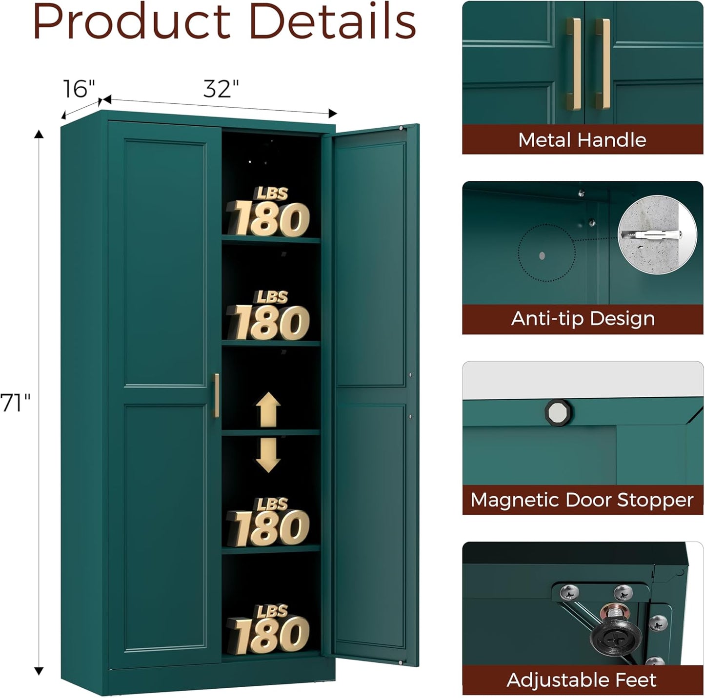 71" Metal Pantry Cabinet, Tall Kitchen Pantry Storage Cabinet with 4 Adjustable Shelves and Gold Handles, Green Cupboard for Kitchen, Dining Room, Living Room