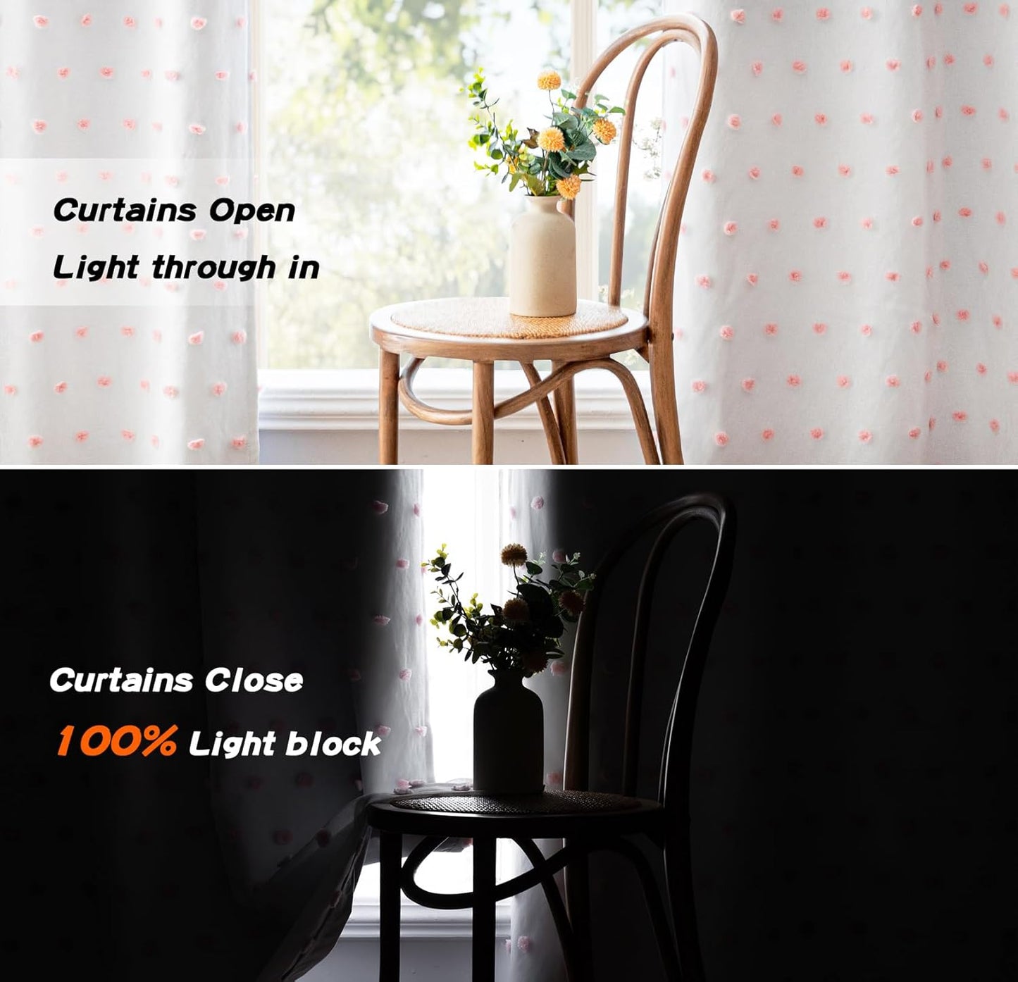 MYSKY HOME Total Blackout Curtains for Living Room 108 Inch Long 100% Light Blocking Curtains for Bedroom 2 Panels Set Privacy Protect Grommet 2 Layered Drapes with Pink Pom Pom Sheer 52W x 108L