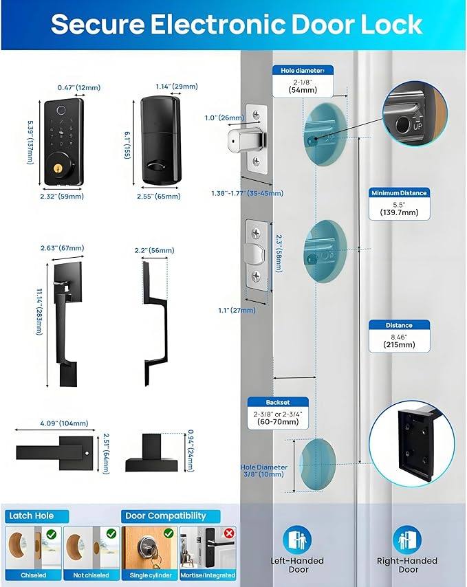 WiFi Smart Keyless Entry Door Lock Set w/Front Door Handle, 0.1s Fingerprint Biometric Unlock, APP/Passcodes/Cards Control, Auto Lock Keypad Deadbolt, Easy Install for Entry Bedroom