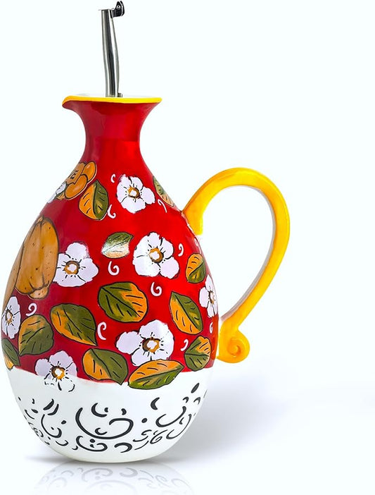Hand-Painted Ceramic Olive Oil Dispenser Bottle – 40oz Decorative Stoneware Cruet with Stainless Steel Pour Spout – Elegant Kitchen Oil & Vinegar Container, Ideal for Coffee Syrups & More