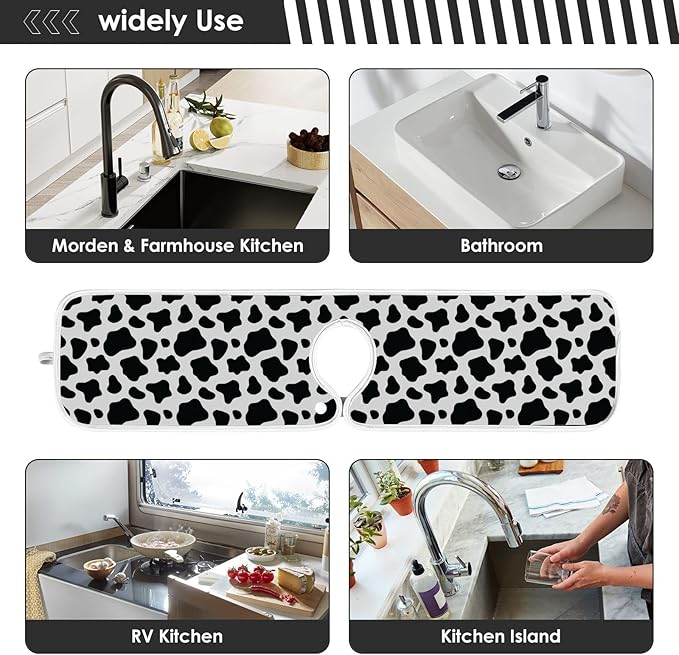 Kitchen Faucet Absorbent Mat,Cow Print Water Splash Guard for Sink, Faucet Drip Catcher Thicken Sponge Microfiber Faucet Water Catcher Mat Sink Absorbent Mat for Kitchen 30x5in 2 Pack