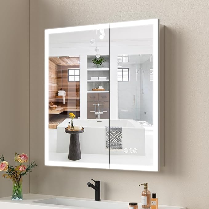 Medicine Cabinet with Lights, Bathroom LED Mirror Cabinet with Storage, Anti-Fog & 3 Color Lights, Recessed or Wall Mounted (30X32 in)