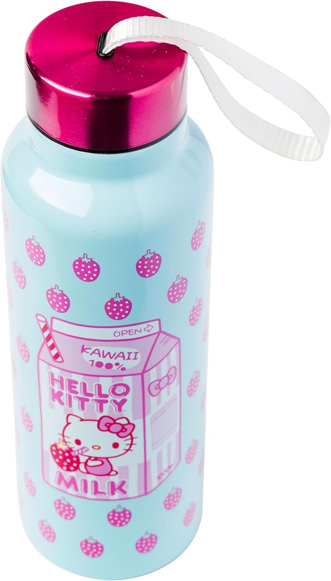 Silver Buffalo Sanrio Hello Kitty Strawberry Milk Stainless Steel Water Bottle with Strap, 27 Ounces