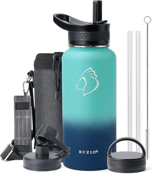 BUZIO Water Bottle with Straw lid, Spout Lid, Hand Lid and Carrying Pouch, 32oz 40oz 64oz Stainless Steel Water Flask Jug, Cold for 48 Hrs Hot for 24 Hrs Double Vacuum Thermo Canteen Mug, BPA-Free
