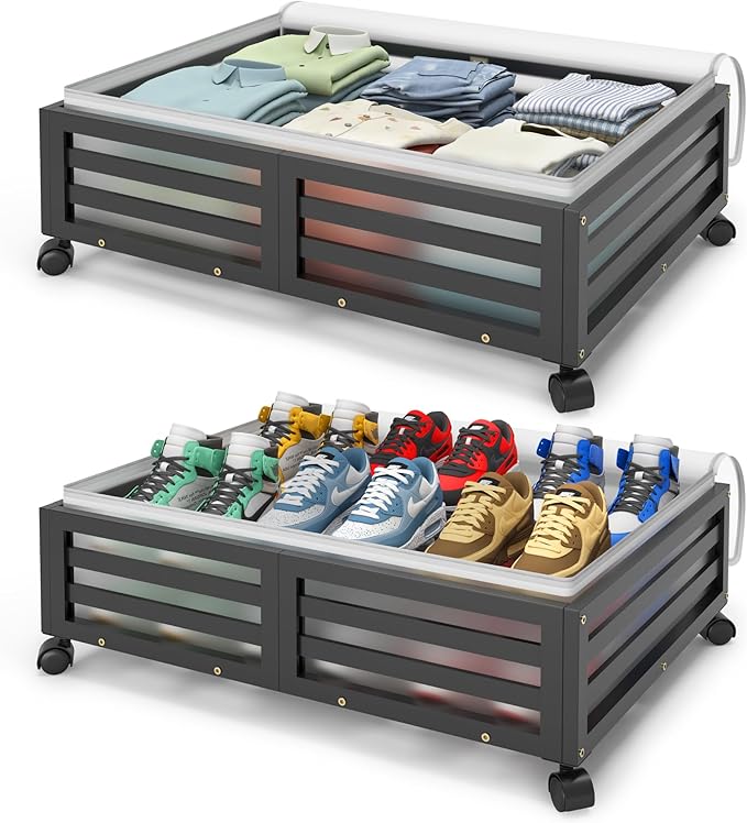 Under Bed Storage Containers With Wheels - 2 Pcs Bamboo Wood Rolling Underbed Shoe Storage Bins With Dust Bags for Clothes Blankets, Duvet Covers Snacks Toys (Black)