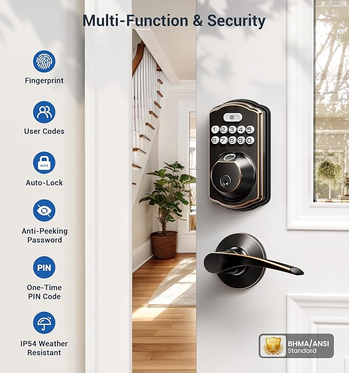 Veise Fingerprint Door Lock with 2 Lever Handles - Keyless Entry Door Lock, Electronic Keypad Deadbolt, Digital Smart Code & Front Handle Sets, Auto-Locking, Easy Installation, Oil Rubbed Bronze