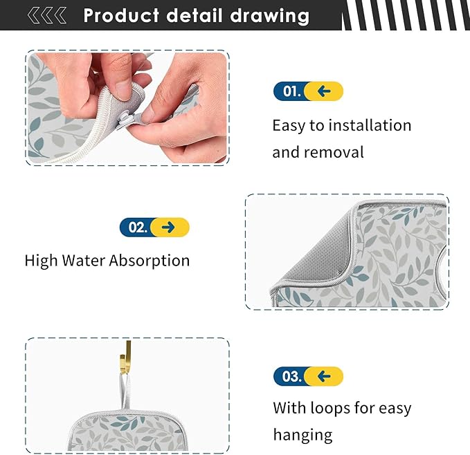 Gray and Blue Leaves Branches Faucet Water Catcher Mat 2 Pack Botanical Herbs Flowers Drying Mat Absorbent Bathroom Faucet Handle Drip Catcher Tray Bar RV Kitchen Sink Splash Guard 23x5 Inches