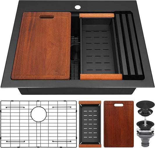 Drop In Black Kitchen Sink,Stainless Steel Sink 16 Gauge,Single Bowl Workstation Sinks (Black, 28" X 22")