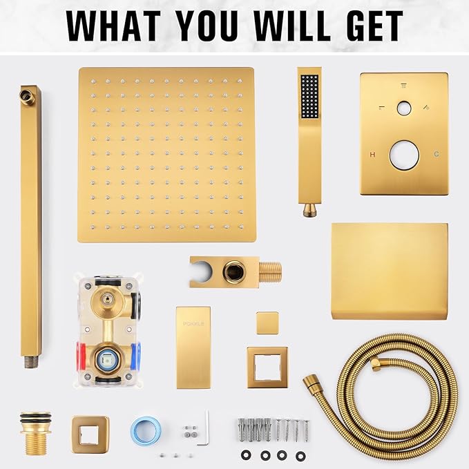 10 Inch Rainfall Shower System with Tub Spout - Wall Mounted Complete Combo with Solid Brass Pressure Balancing Valve, High Pressure Shower Head, Handle Set & Installation Accessories Brushed Gold