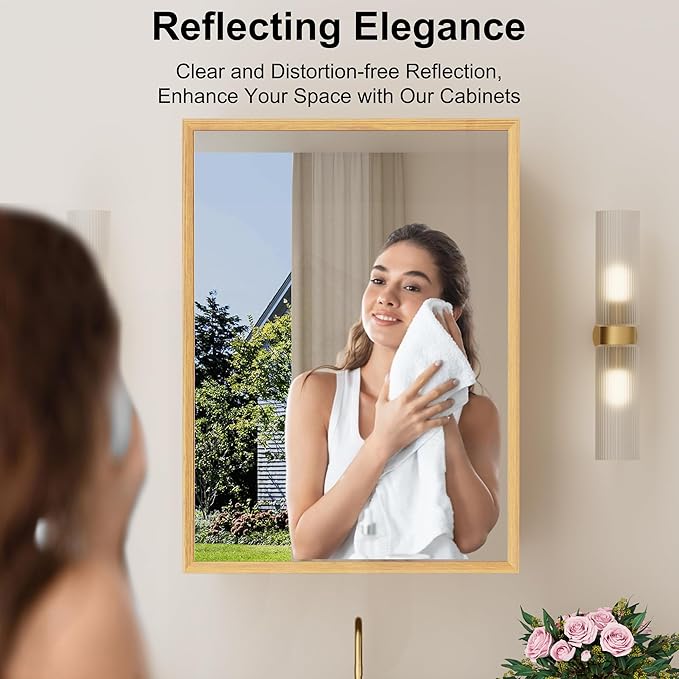 16x24 Inch Wooden Medicine Cabinet with Mirror, Surface or Recessed Mounted Bathroom Cabinets with Door, Adjustable Tempered Glass Shelves, Soft-Close Hinge, Wall Storage, Oak Wood Frame