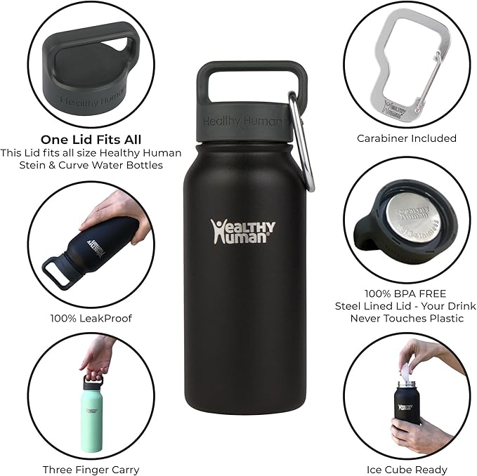 Healthy Human Stainless Steel Water Bottle | Double Walled Vacuum Insulated Water Thermos for Adults | Eco-Friendly Travel Bottles with Leak Proof Lid (Pure Black, 16 oz/ 473 ML)