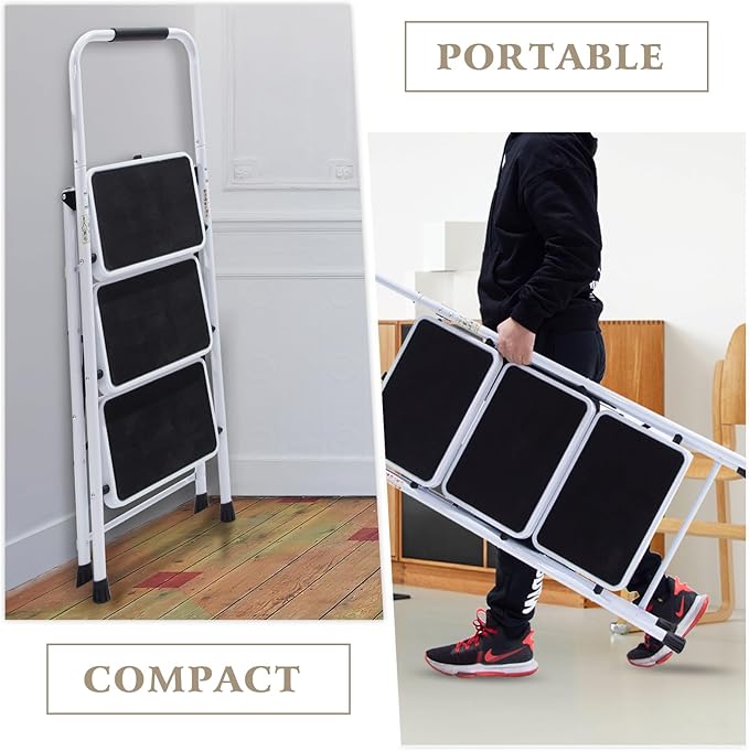 Wiberwi 3 Step Ladder Folding Step Stool for Adults with Top Handrail 330 Lbs Capacity, Lightweight & Portable Step 3 Stool Ladders with Wide Pedal for Home Kitchen Sturdy Steel Frame