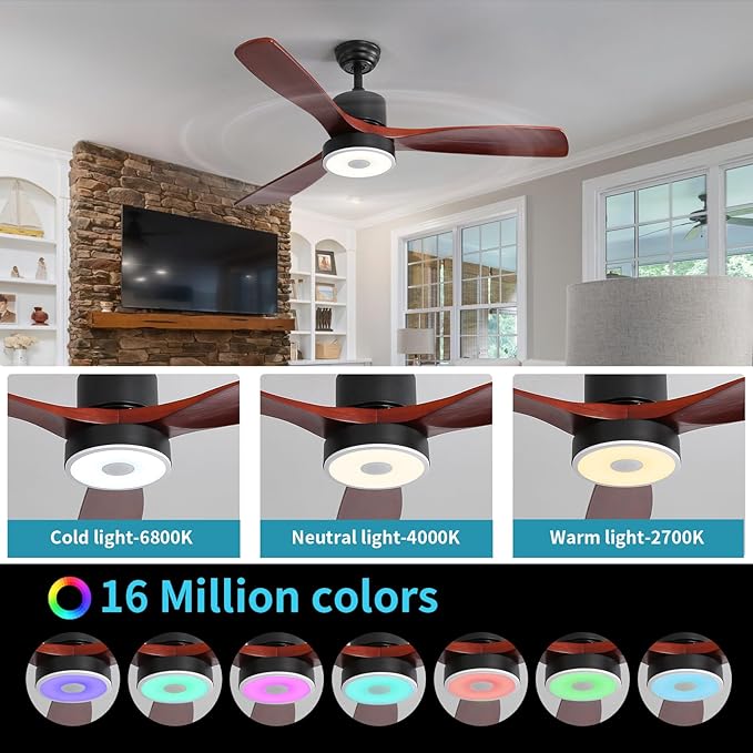 52 Inch Wood Ceiling Fan with RGB Dimming LED Light,with Music Bluetooth Speaker,Remote Control,3-Speed Regulation, Reversible Motor,Timing,for Living Room,Bedroom,Restaurant,Outdoor