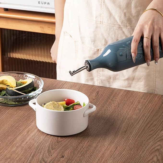 Sweejar Large Olive Oil Dispenser Bottle with Spout, 24 Oz Ceramic Oil Dispenser for Kitchen, Relief Opaque Oil Cruet, Oil Container for Cooking, EVOO, Avocado Oil, Vinegar, Pack of 1(Fog Blue)