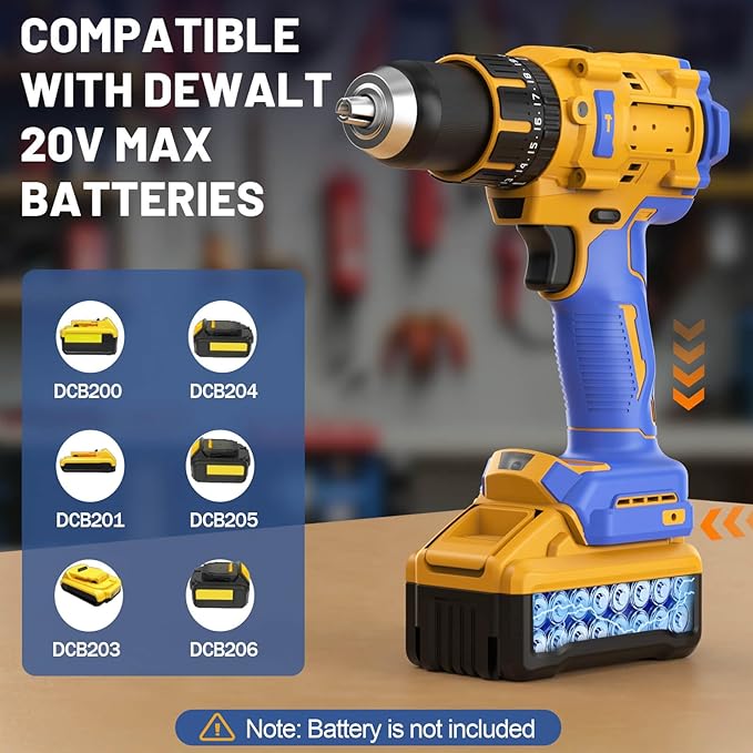 Cordless Hammer Drill Compatible with Dewalt 20V Max Battery (Tool Only) -Brushless Motor, 1/2" Keyless Metal Chuck & LED Light for Drilling Brick, Metal, Wood - Ideal for DIY