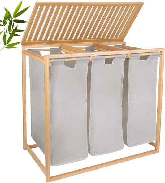 Bamboo Laundry Hamper 3 Section with Lid, 150 L Laundry Sorter with Pull-Out Removable Washable Bags, 3 × 12.5 Gal Divided Laundry Baskets for Laundry Room, Bathroom (Gray)