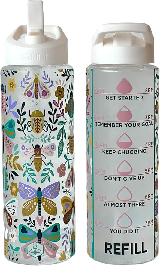 Biddlebee 32oz. Hydration Tracker Water Bottles with Times To Drink | Big Motivational Water Bottle with Time Marker, Straw Lid, & Measurements | BPA-Free (Garden Insects)