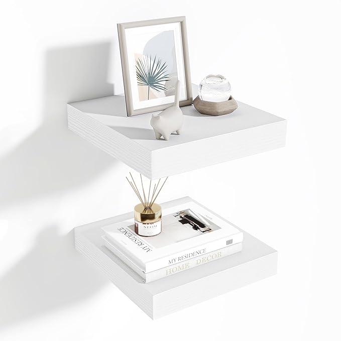 Fun Memories Floating Shelves for Wall 10 Inch, 10 Inch Deep Square Wall Shelves, Bathroom Storage Shelves Over Toilet, Wood Floating Shelves for Living Room Bedroom, White, Set of 2
