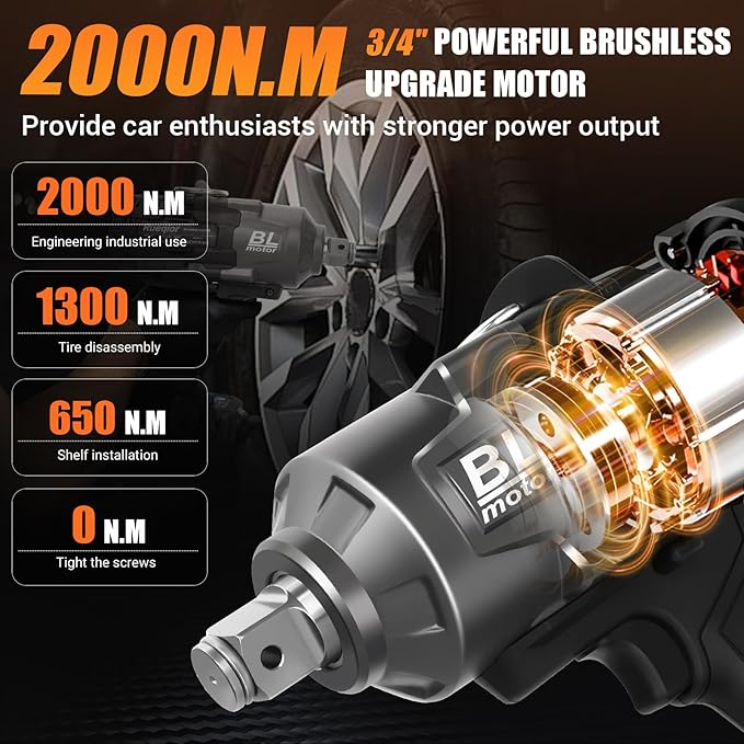 Cordless Impact Wrench 3/4" for DeWalt 20V MAX Battery, Impact Wrench 1500FT-LBS(2000N.m) High Torque Brushless Electric Impact, with 3 Speed Modes Power Impact Driver