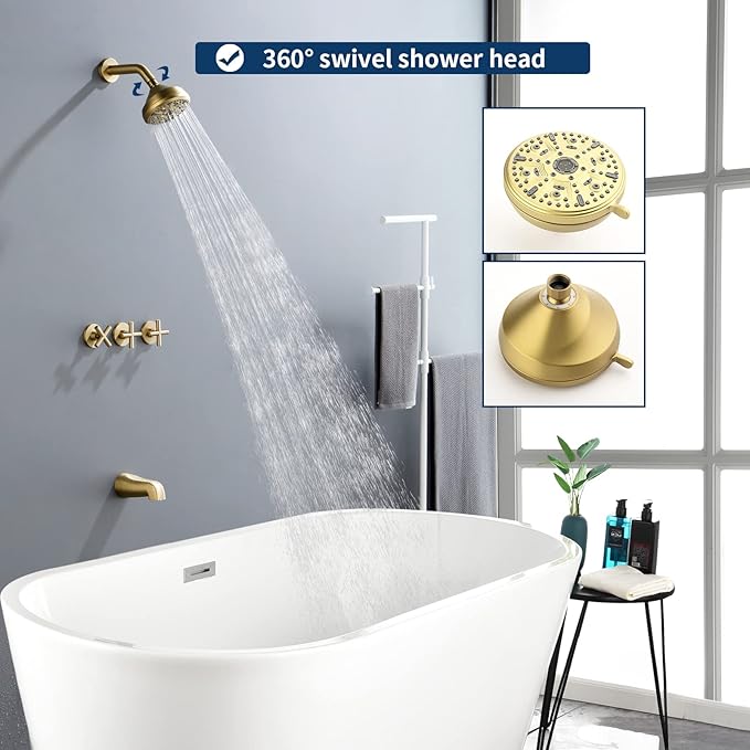 3 Handles Shower Faucet Set with Tub Spout Bathtub Shower Faucet Combo Set Shower System Complete Tub and Shower Trim Kit Brushed Gold