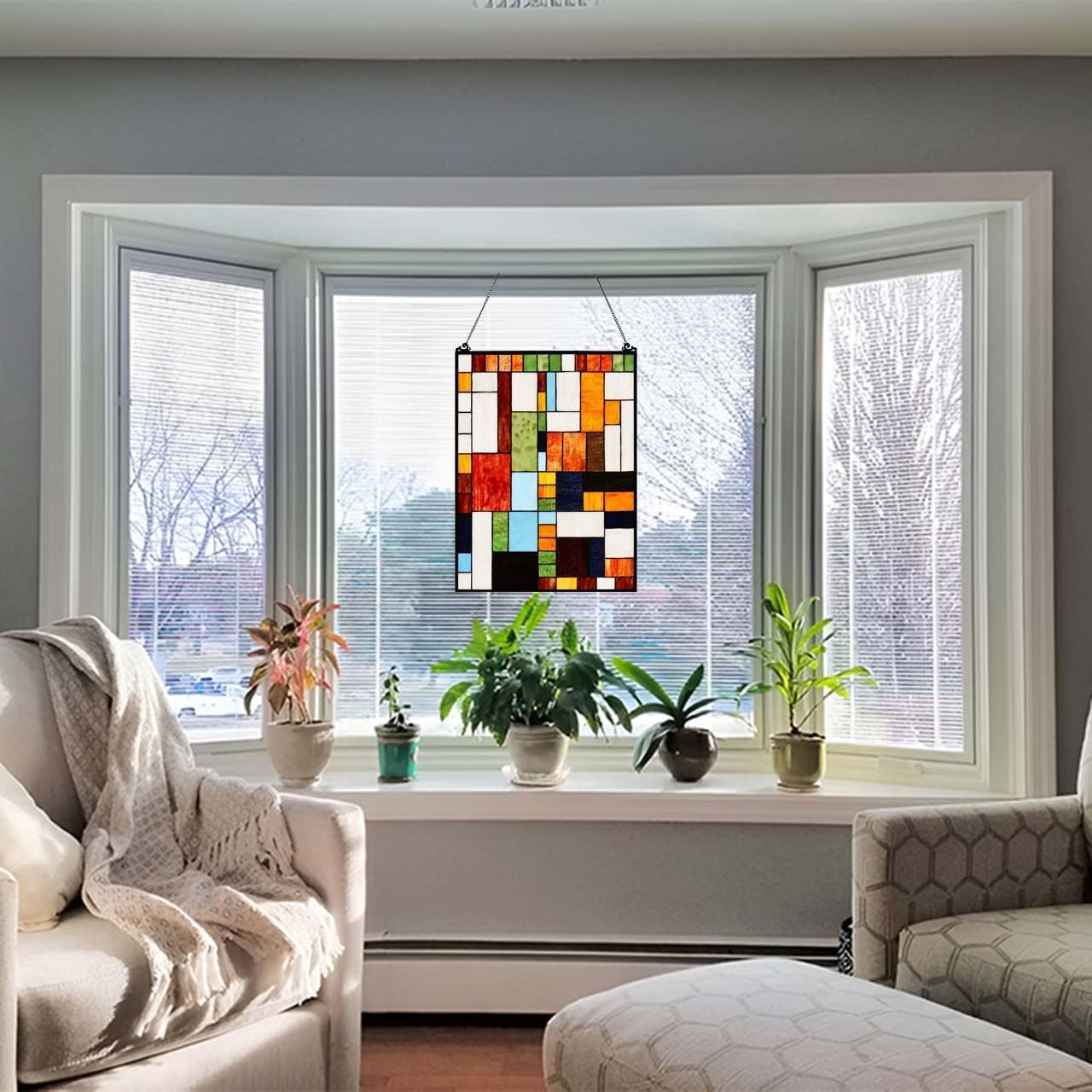 Bieye Geometric Color Block Tiffany Style Stained Glass Window Panel with Hanging Chain (18x25 inches W10092)
