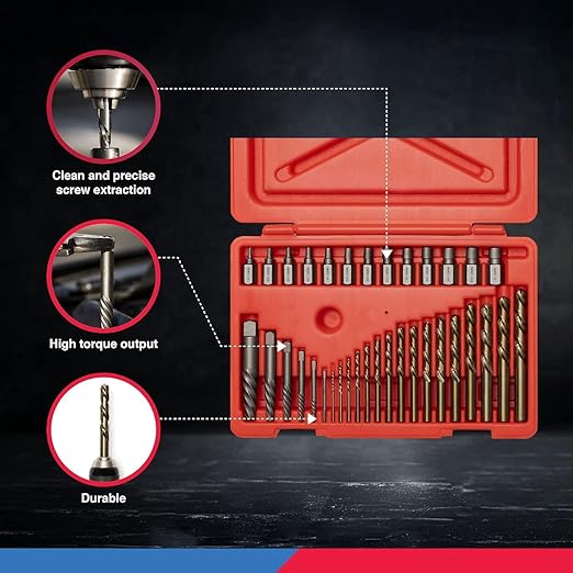 NEIKO 04206A Screw-Extractor Set, Broken Bolt Remover, Multispline and Spiral Extractors for Stripped Screws, Studs, Fittings, and Lugs, Left-Hand Drill Bits, 5/64" to 1/2", 35-Piece Set