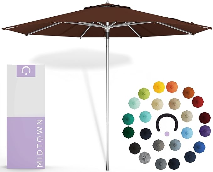 Midtown Umbrellas Push Pop Sunbrella Umbrella 8 Feet Outdoor Umbrella in Bay Brown Fabric - Patio Umbrella, Backyard Umbrella, Garden Umbrella, Picnic Table Umbrella & Pool Umbrella - Black Pole