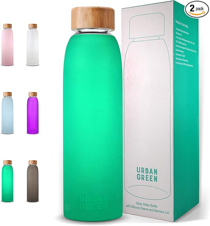 Glass Water Bottle with Protective Silicone Sleeve and Bamboo Lid Urban green, 18oz, 1extra 304 Stainless Steel Lid with Handle, BPA Free, Dishwasher Safe, Best gift