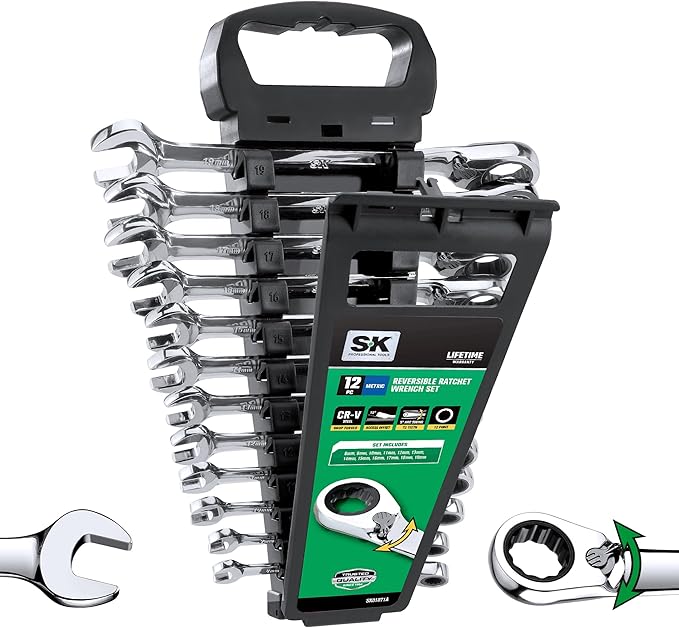 SK Reversible Ratcheting Wrench Set, Combination Wrench Set, 12-Piece, Metric 8-19 mm, 72-Tooth, Premium CR-V Construction, with Rack Organizer