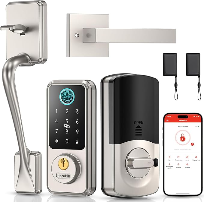 Hornbill Keyless Entry Smart Locks Set, Front Door Handle Set, Keypad Deadbolt Lock for Airbnb Home Office, Auto-Lock, Matte Silver