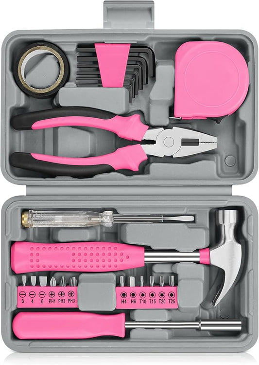 24 Piece Small Tool Kit for Men and Women, Mini Hand Tool Set with Storage Box for Home, DIY, Office, Garage(Pink)