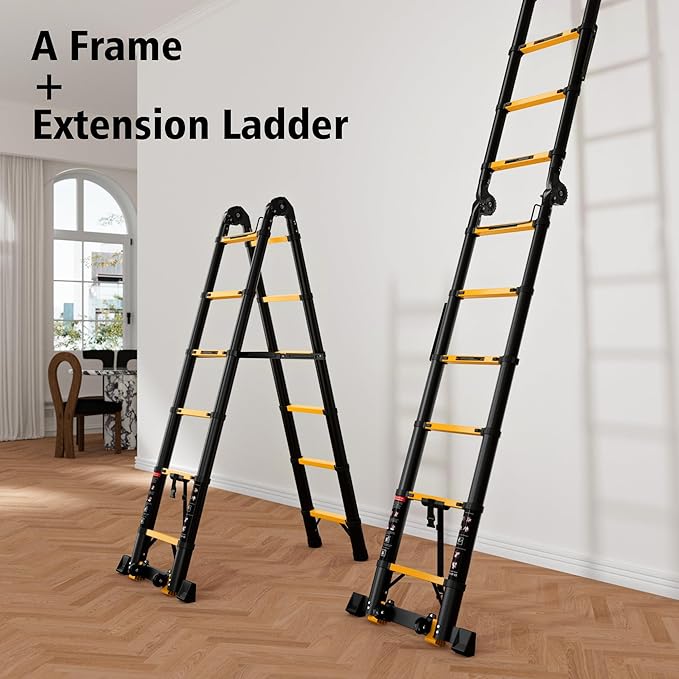 16.5 FT Telescoping A Frame Ladder, 8 Step, ANSI Certified, Type I Heavy Duty, 330lbs Max Capacity, Aluminum Extension Ladder for Home, Roof, RV; Yellow