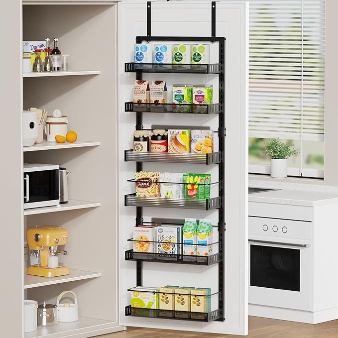 6-Tier Over the Door Pantry Organizer, 2 in 1 Large Door Spice Rack with Adjustable Metal Baskets, Heavy Duty Hanging or Wall Mounted Storage Organizer for Kitchen Pantry and Room Wall