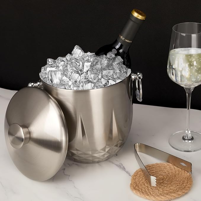 Ice Bucket with Lid, Double Wall Stainless Steel insulated ice bucket, Champagne Bucket, Wine Bucket for parties, cocktail bar, Sliver, 3L