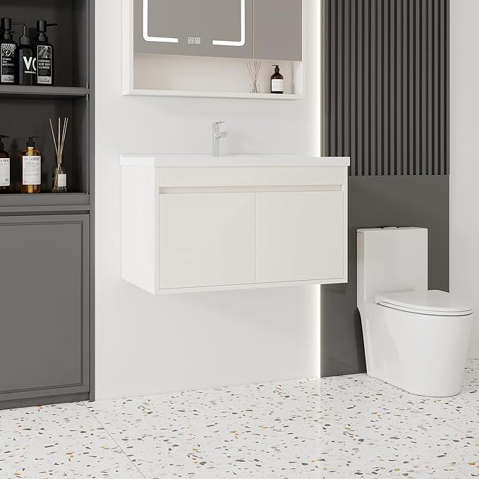 32'' Bathroom Vanity with Ceramic Sink Combo, Wall Mounted Small Bathroom Vanity with Soft-Close Door Modern Floating Cabinet, Pop-up Drain, P-Trap Included, Khaki(No Faucet)