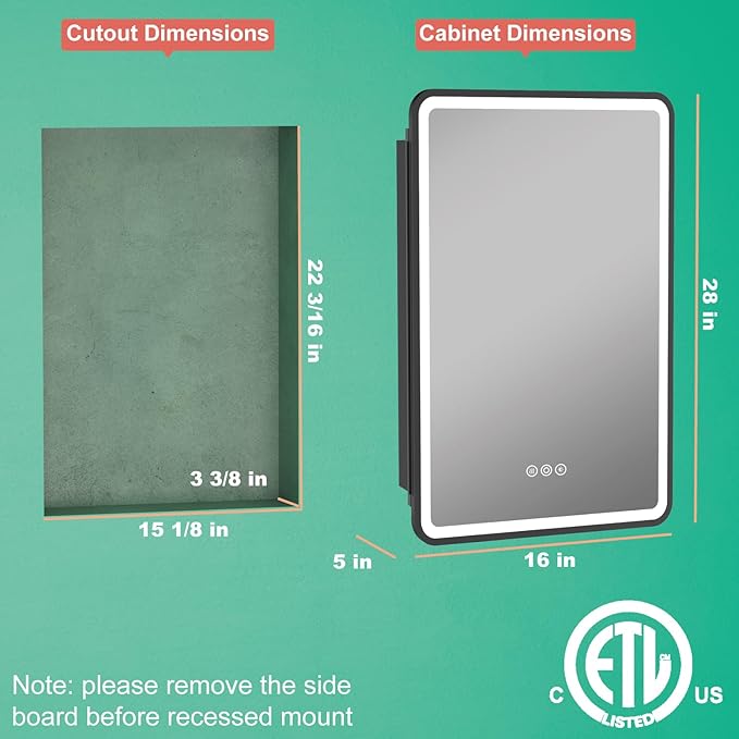 16x28 Inch Medicine Cabinet with Mirror, Recessed or Surface Mount Bathroom Medicine Cabinet with LED Lights, Anti-Fog, Memory Function, Adjustable Shelf, Dimmable Light, ETL Listed, Black,Right Hinge