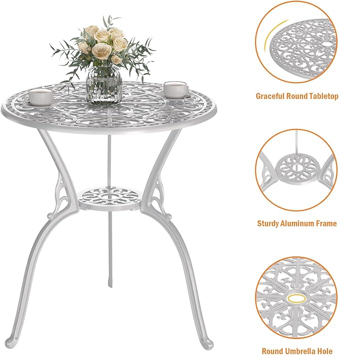 Patio Bistro Set of 2, Cast Aluminum, Outdoor Set w/Umbrella Hole, 3 Piece Table and Chairs Set, Bistro Set for Backyard/Garden/Lawn, White