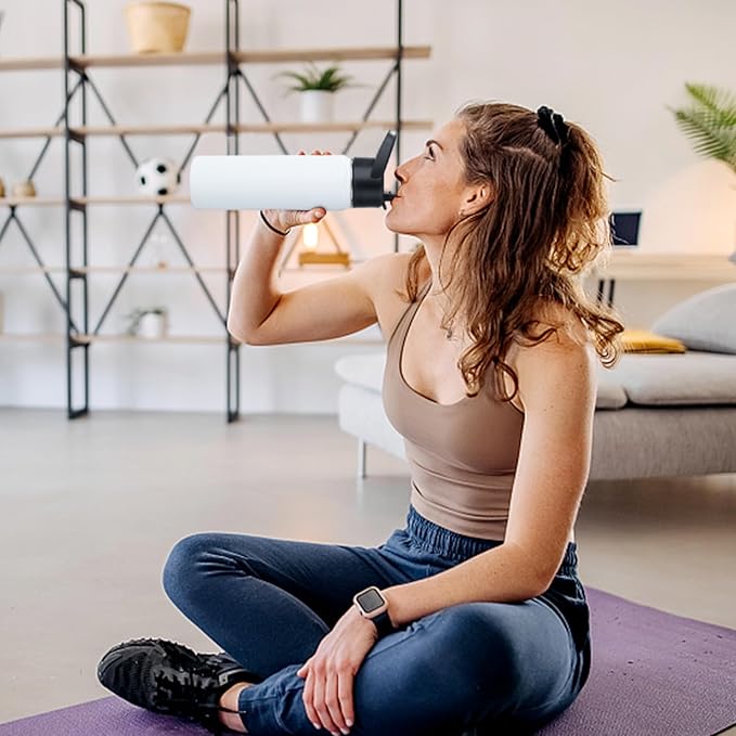 Stainless Steel Water bottle with Straw & Wide Mouth Lid, Wide Rotating Handle, 40oz Double Wall Vacuum Insulated Water Bottle Leak Proof, BPA Free, Keep Cold and Hot, 40oz, White