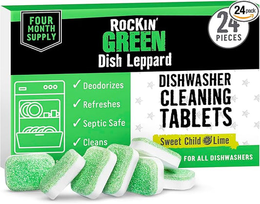 Rockin' Green Deep Cleaning and Deodorizing Tablets for Dishwashers, Washing Machines, and Garbage Disposals, Removes Odor and Residue (Dishwasher Cleaning Tablets, 24 Pack)