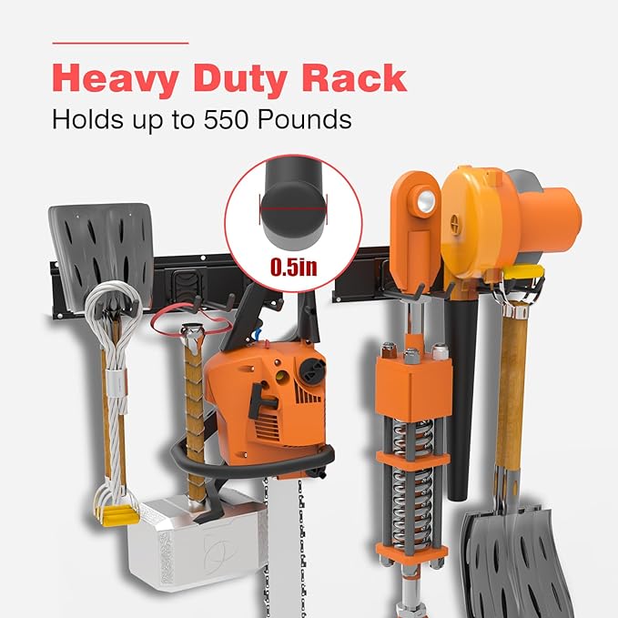 Wall-Mounted Garage Tool Organizer: 64 Inch Heavy-Duty Garden Rack & Wall Storage System - 4 Rails 10 Non-Slip Hooks for Folding Chairs, Ladders & DIY Tools