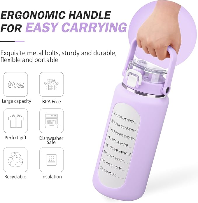 BLUEGO 64oz Insulated Water Bottle with Straw and Handle Leakproof Half Gallon Wide Mouth Motivational Water Bottle, 2-IN-1 Straw Spout Lid Stainless Steel Water Jug for Sport Travel Gym-Purple