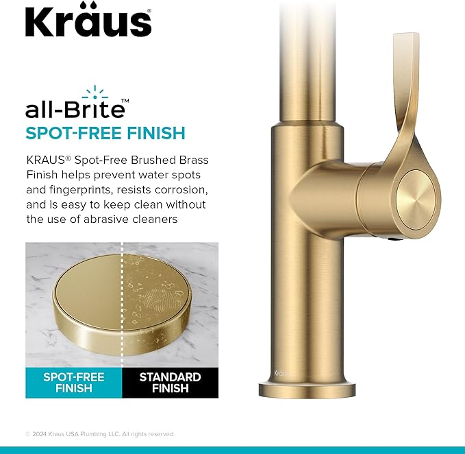 KRAUS Torak Pull Down Kitchen Faucet in Spot-Free Brushed Brass with 2 Function Sprayer, Pre-Attached Water Lines, and Mounting Hardware, KPF-2840SFBB