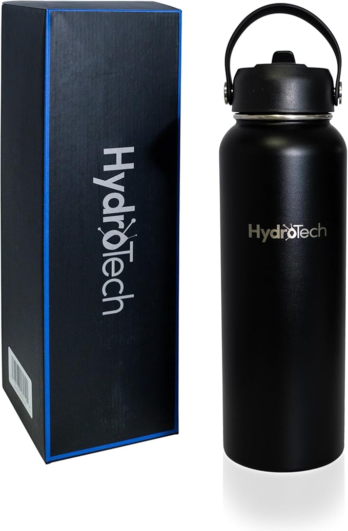 HydroTech Stainless Steel Leak Proof Water Bottle with Double Wall Insulation and 2 Lids (Straw Lid) - 40 OZ. (Black)