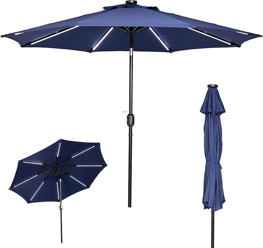 Sunnyglade 9FT Outdoor Solar LED Lighted Patio Umbrella with 8 LED Strip Lights & 8 Ribs, Convenient Crank Lift System