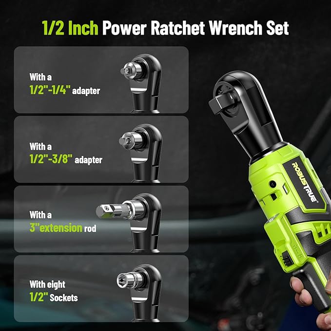 1/2" Electric Ratchet Wrench: 66Ft-lbs/400 RPM Variable Speed Cordless Power Ratchet Kit with 2x2000mAh Li-Ion Batteries, 8 Sockets, 1/4" and 3/8" Adapters, 3" Extension Bar for Auto Repair